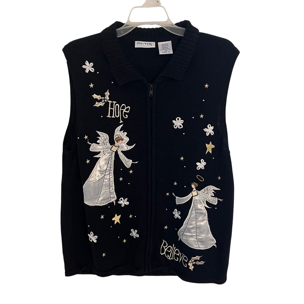 Vintage Blair Christmas Vest Womens Large Black Angels Hope Believe Celestial